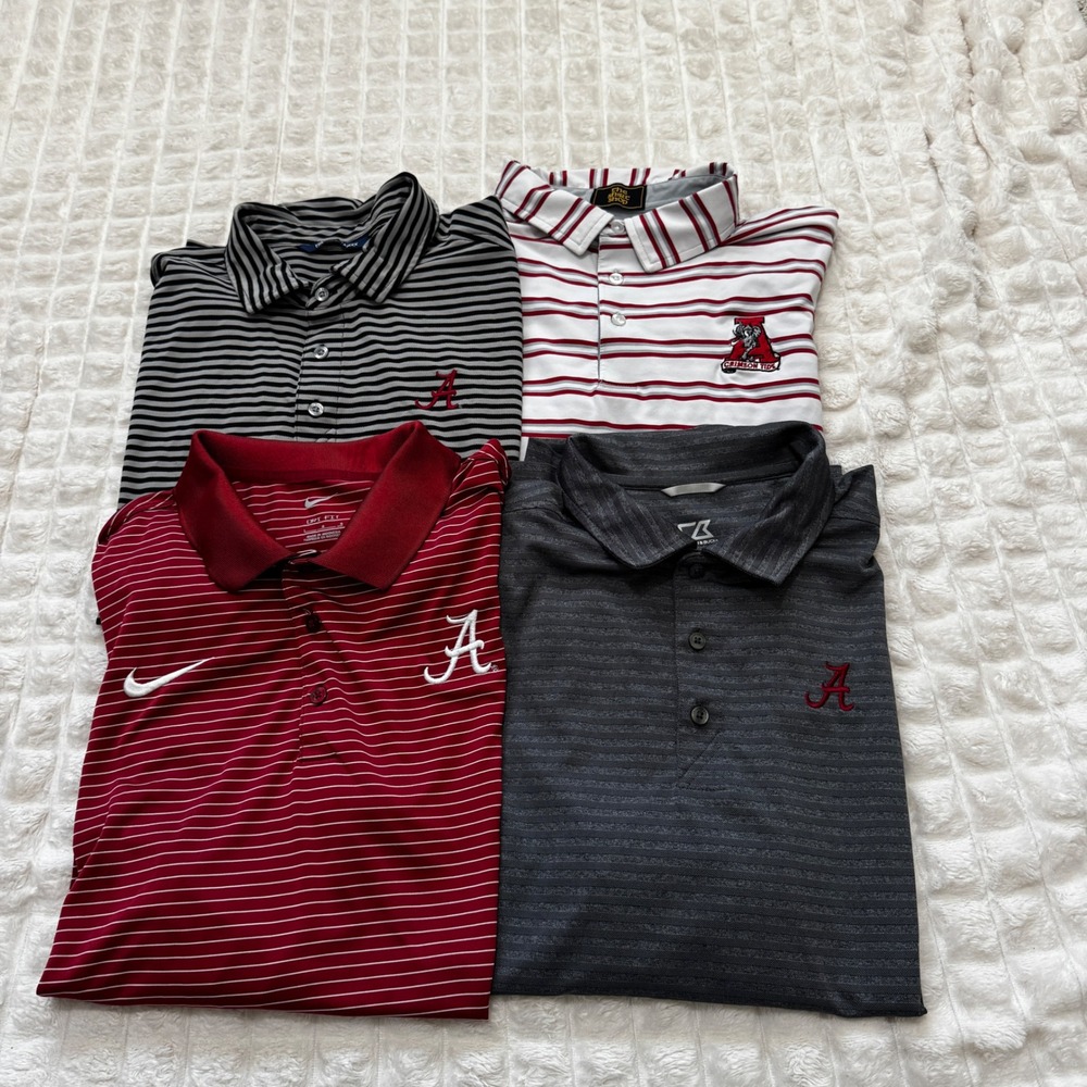 University of Alabama Large LOT of 4 Polo Shirts Red Gray Stripe Athletic Feel